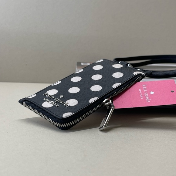 (new+tag) Kate Spade polk dot lanyard ID / card case, zip up, cash slot black - Picture 7 of 10